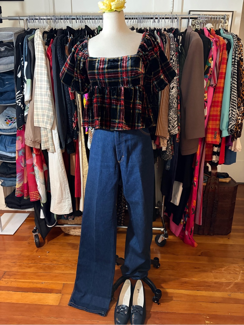 Mi Ami Francesca’s Plaid Velvet Peplum Blouse - Picture 3 of 3